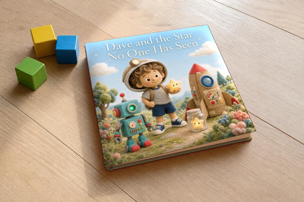 The finished square hardcover on a pale oak floor beside wooden blocks