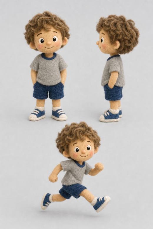 A character turnaround of the felt boy: front, side and running