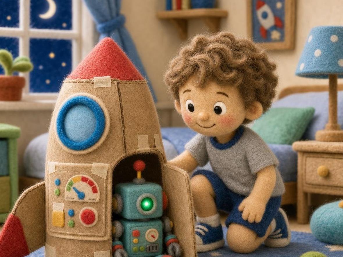 The same boy as a needle-felt character in his bedroom, with his felt rocket