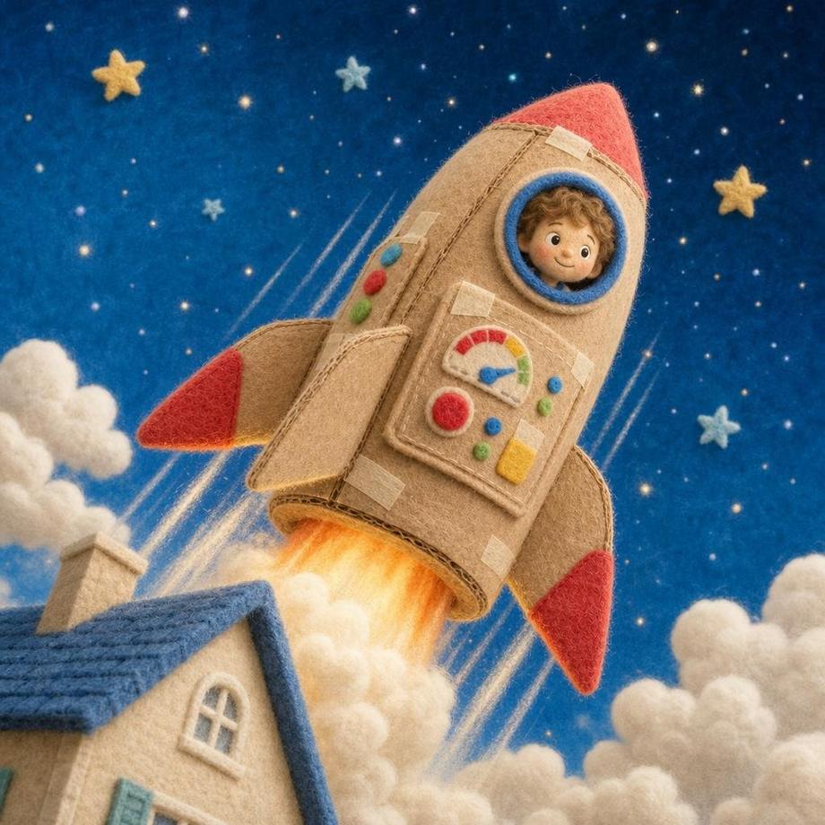 Page eleven of the finished book: the same boy's rocket climbing into a starry sky