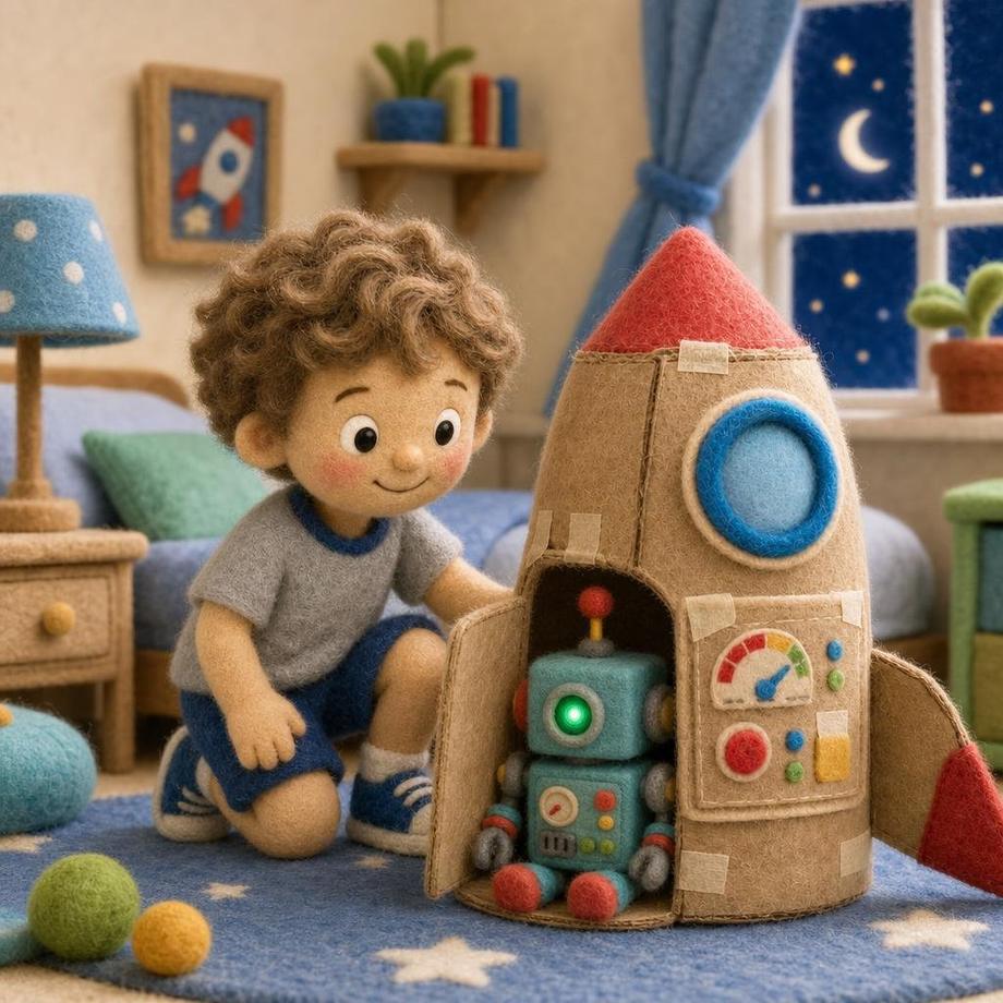 A spread from a finished book: the felt boy in his bedroom at night, lamp on, not frightened