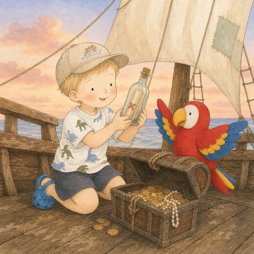A watercolour spread: a small boy on the deck of a sailing ship at sunset with a parrot and a message in a bottle