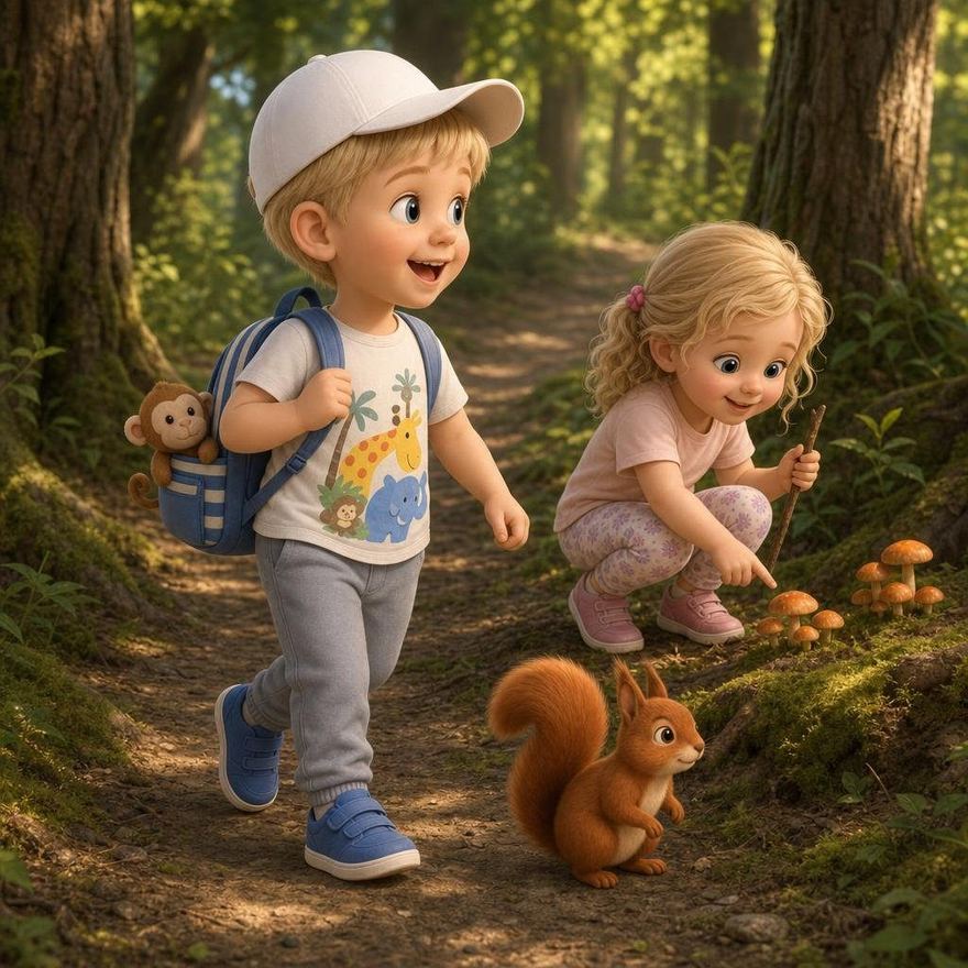 A modelled three-dimensional spread: two children on a forest path with a red squirrel