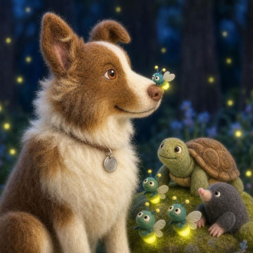 A needle-felt spread at night: a brown and white dog nose to nose with a firefly, turtles watching