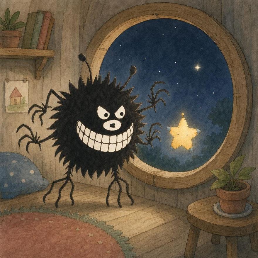 A spread in ink and gouache: a shaggy black creature at a round window, holding a small glowing star