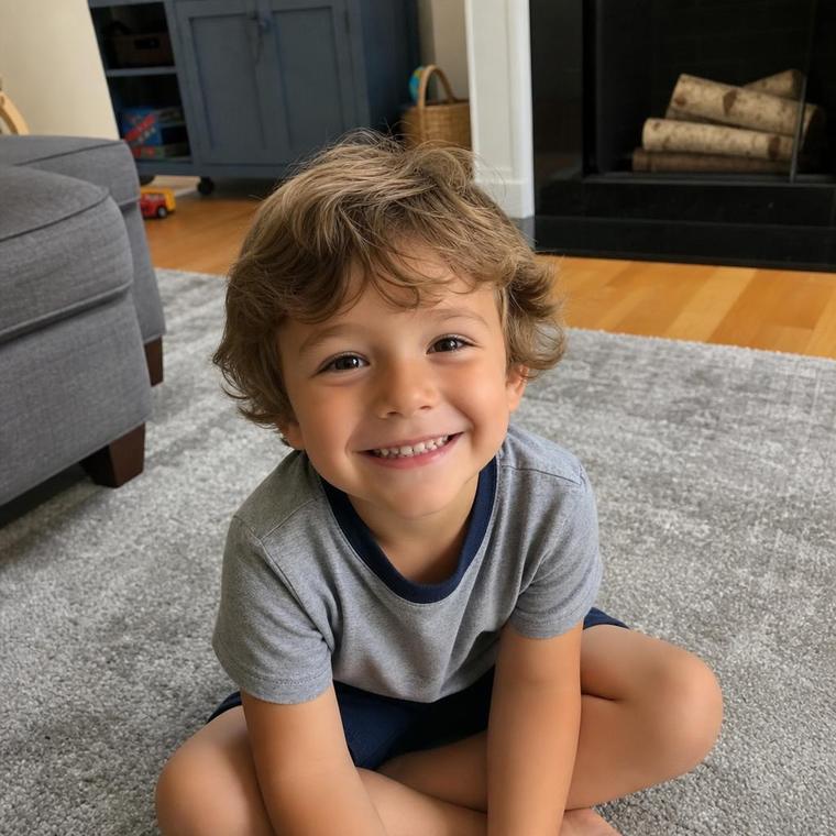 A candid phone photograph of a four-year-old boy sitting on a rug